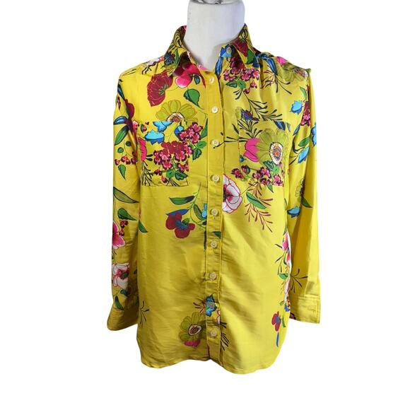 Anthropologie Tops - Anthropologie Yellow Tropical Satin Like 100% Polyester Top Button Up Size XS